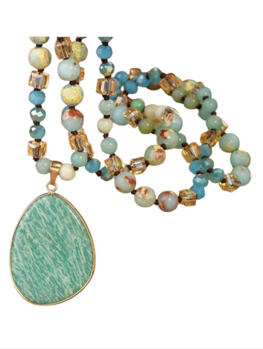 Long Amazonite Beaded Mala Necklace Beach Fashion Bohemiam Whimsygoth 70s Hippie